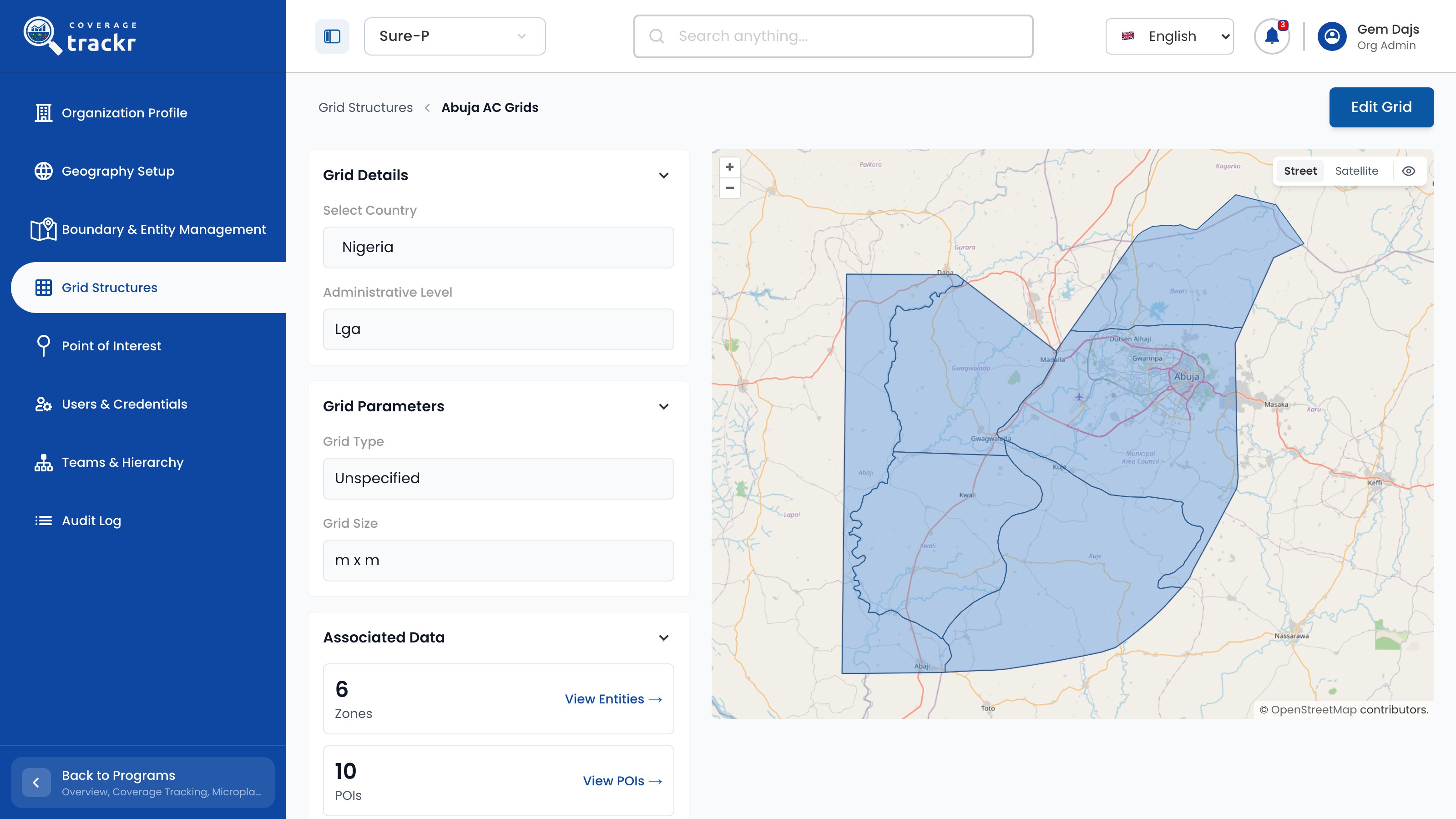 Abuja AC Grids detail with grid details, zones, points of interest and a map