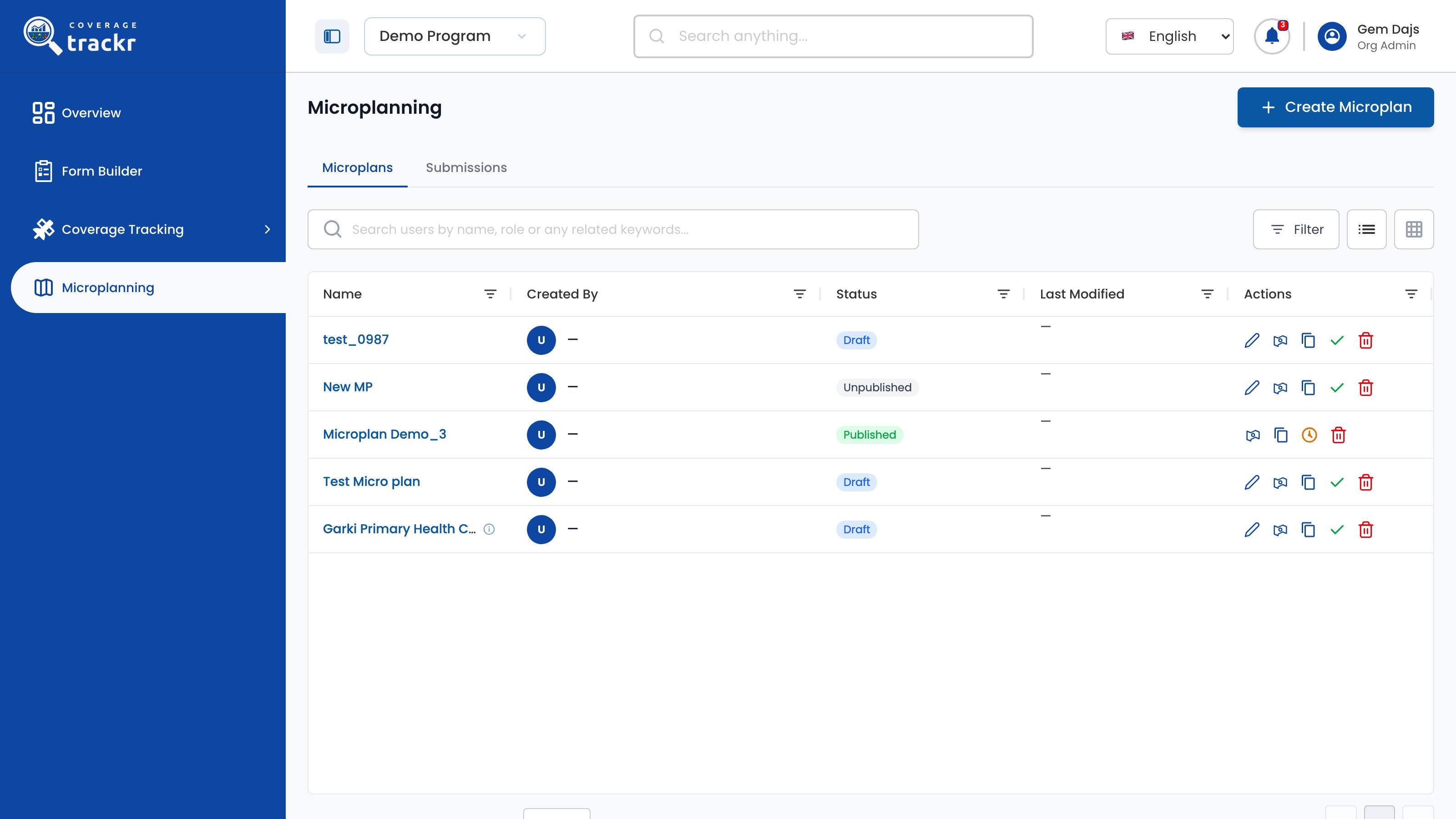 CoverageTrackr microplan list with a published microplan and Generate Map action