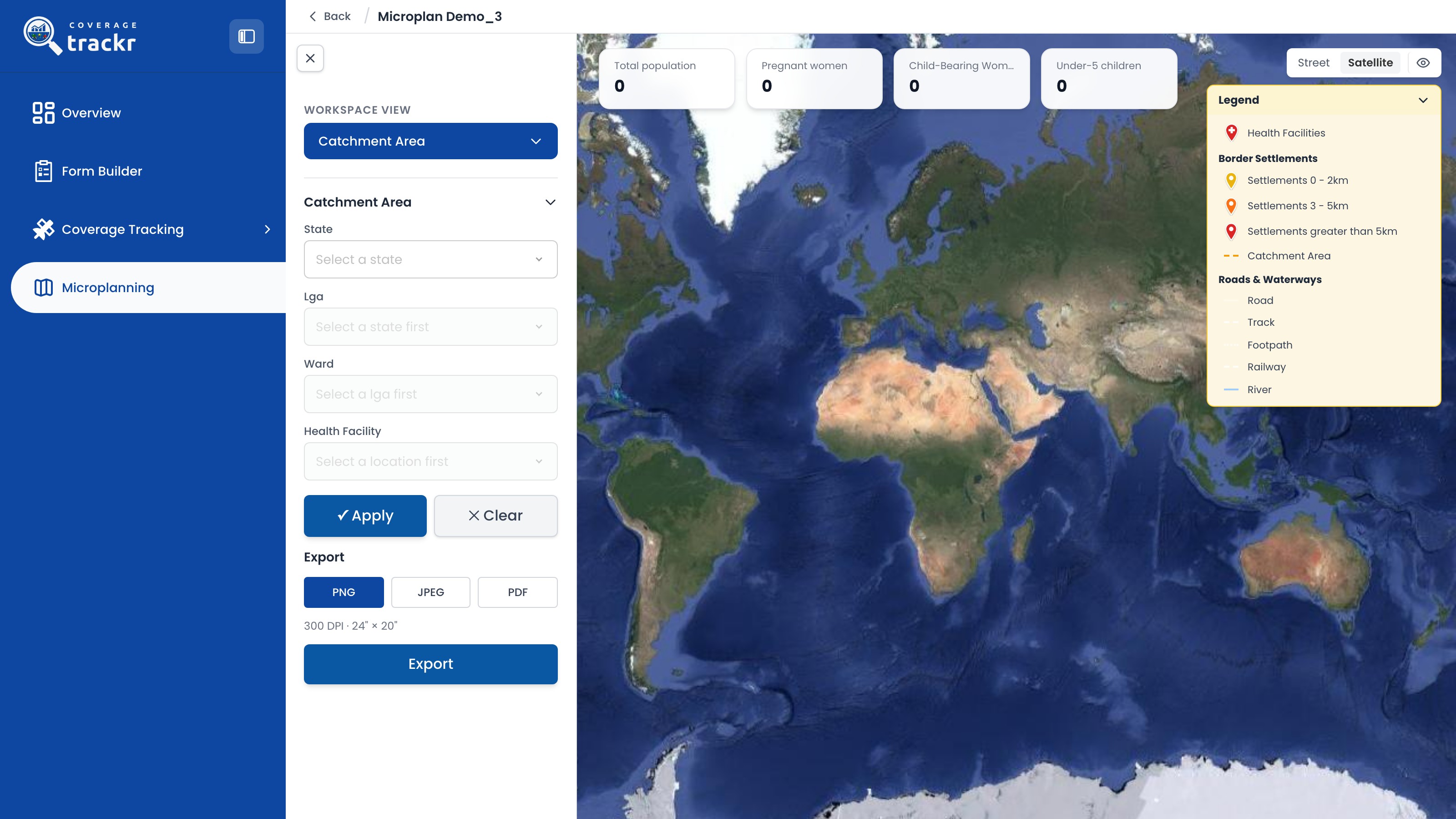 CoverageTrackr microplan map with layers, metrics, filters and export controls