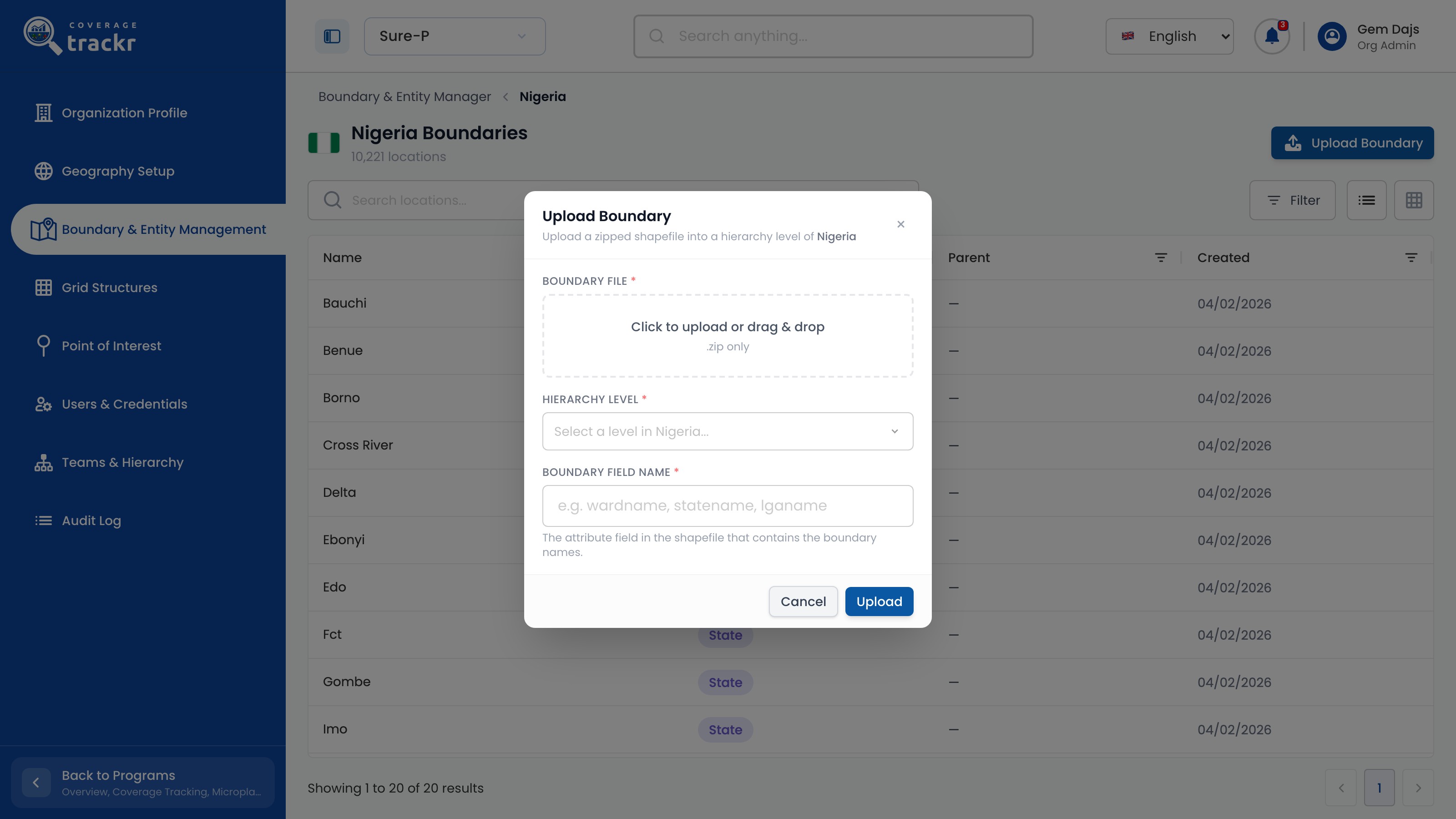 Upload Boundary dialog asking for a boundary file, hierarchy level and boundary field name