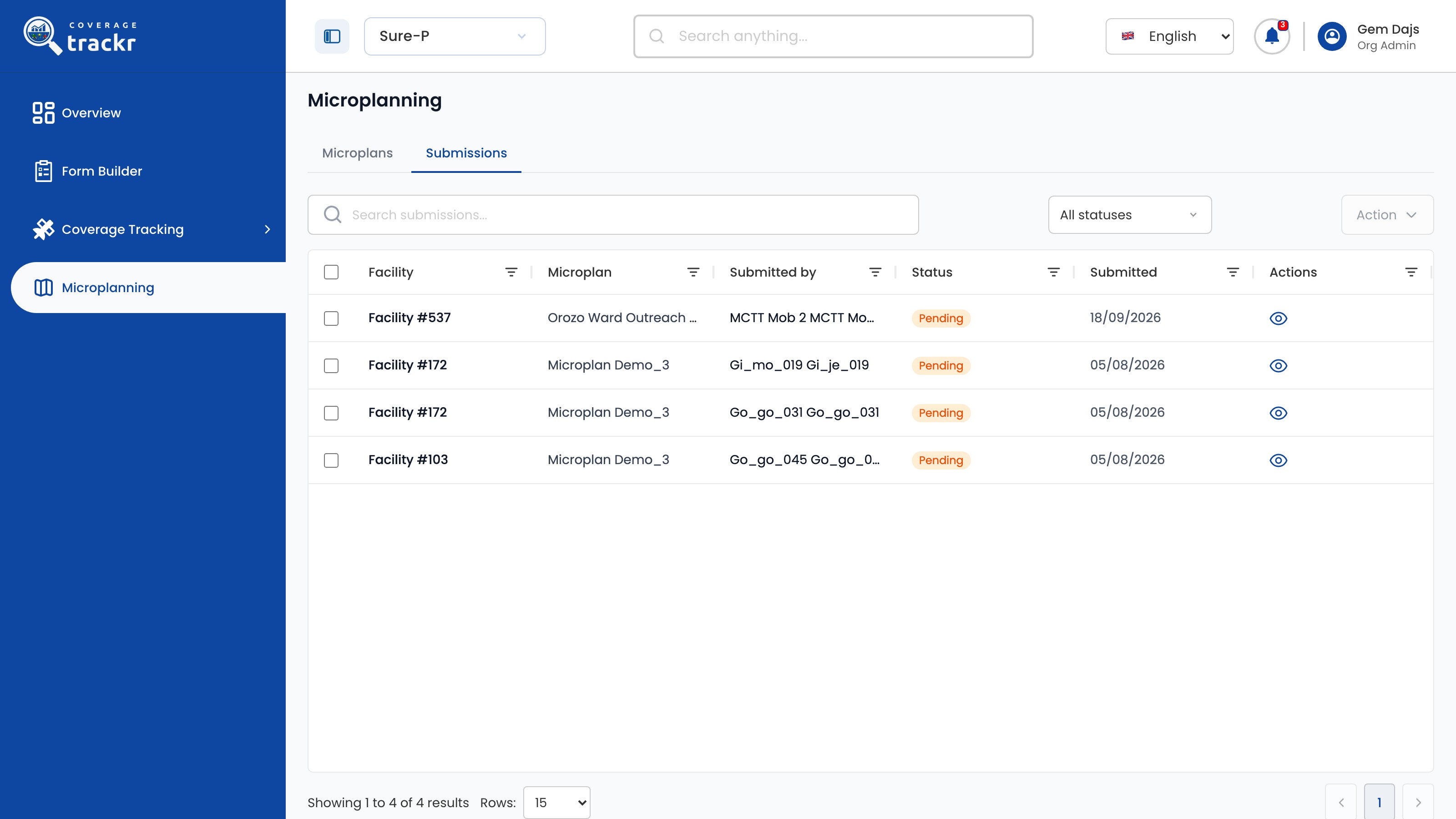 Microplanning Submissions list with pending facility tasks