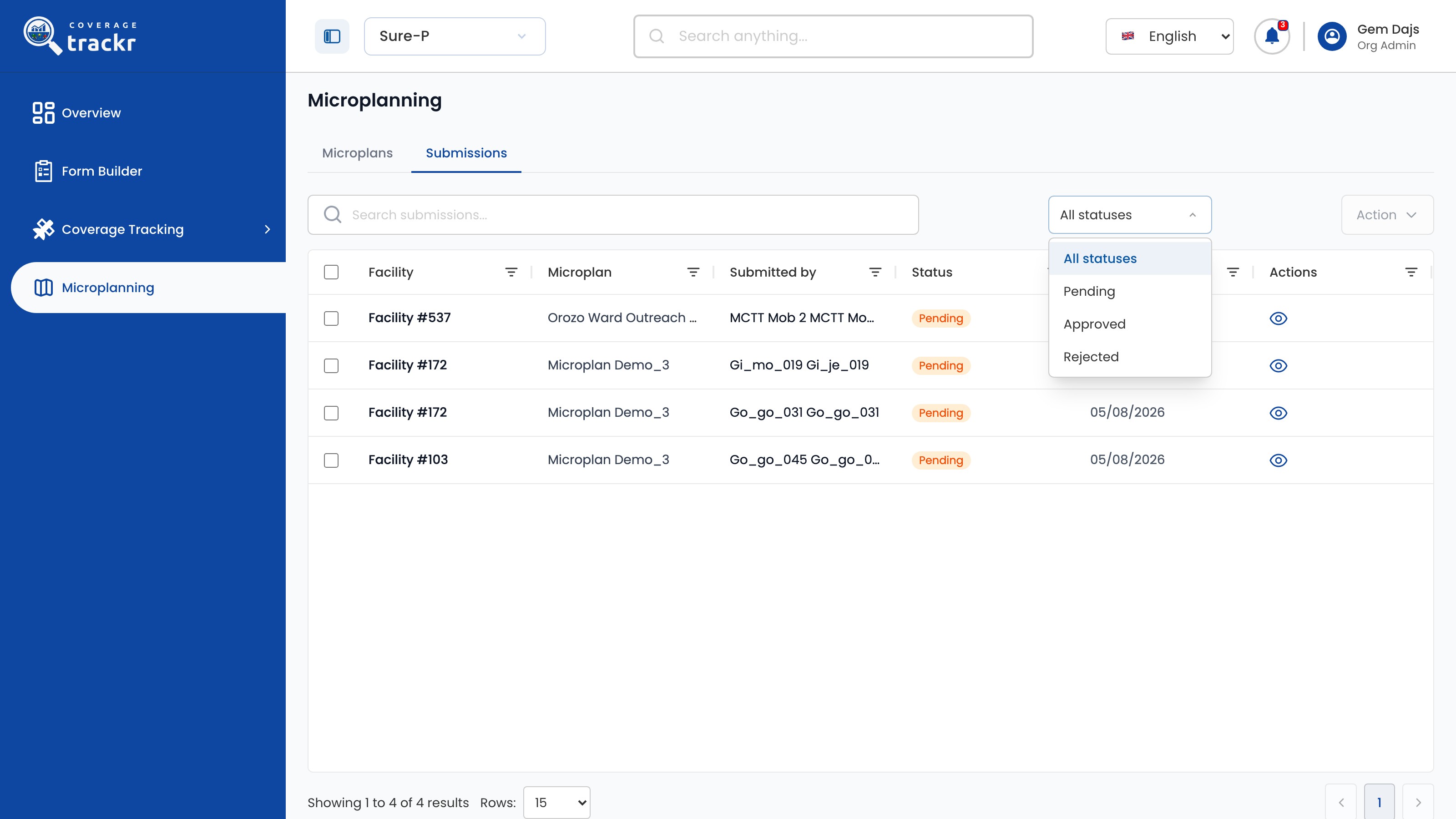 Status filter open with Pending, Approved and Rejected