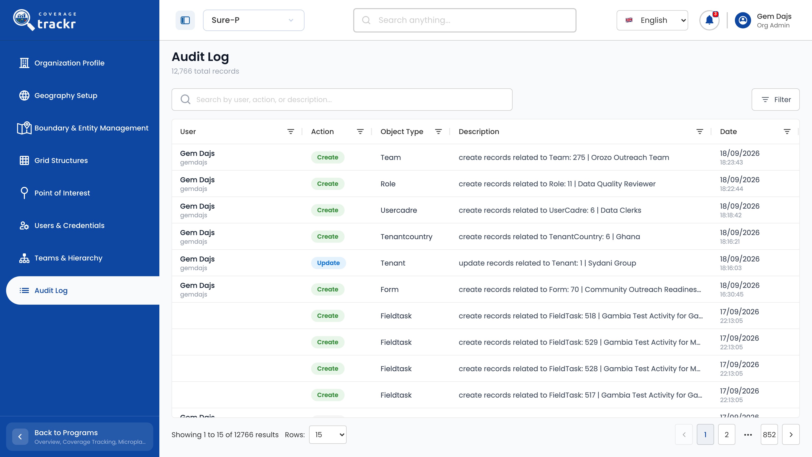 Audit Log listing recent create and update actions