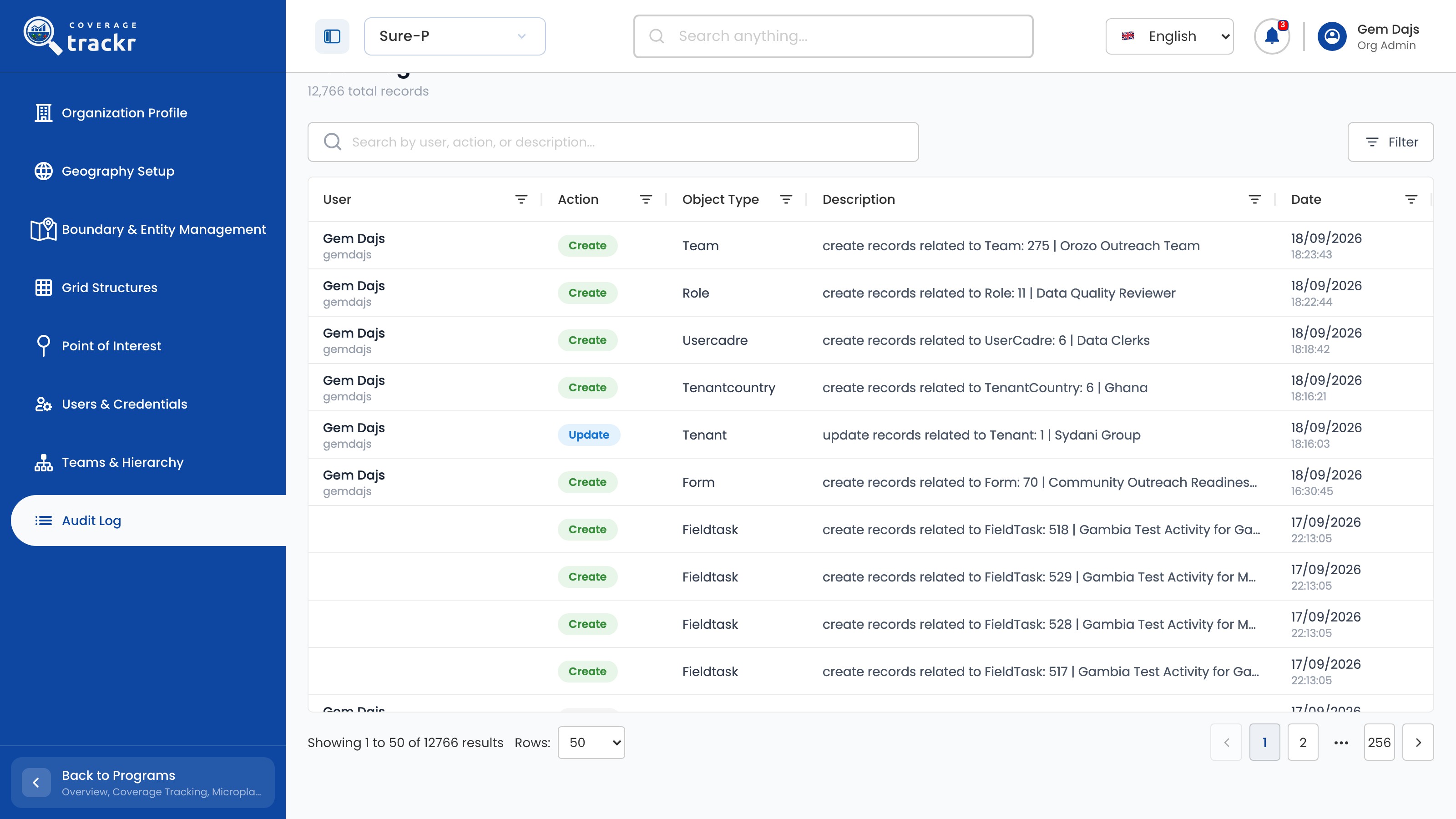 Audit Log showing 50 rows per page with the page controls