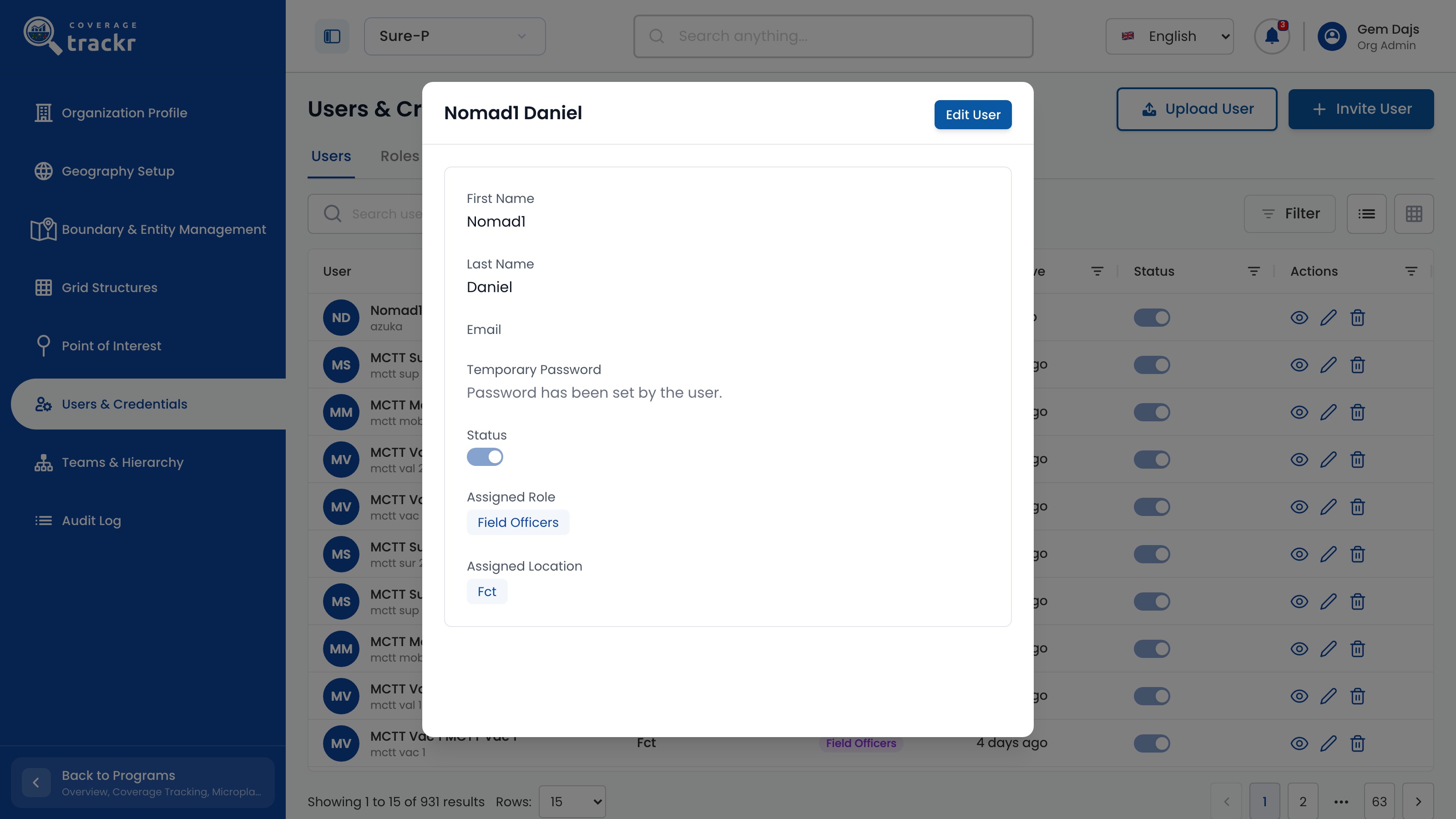 CoverageTrackr user detail showing status, role and location