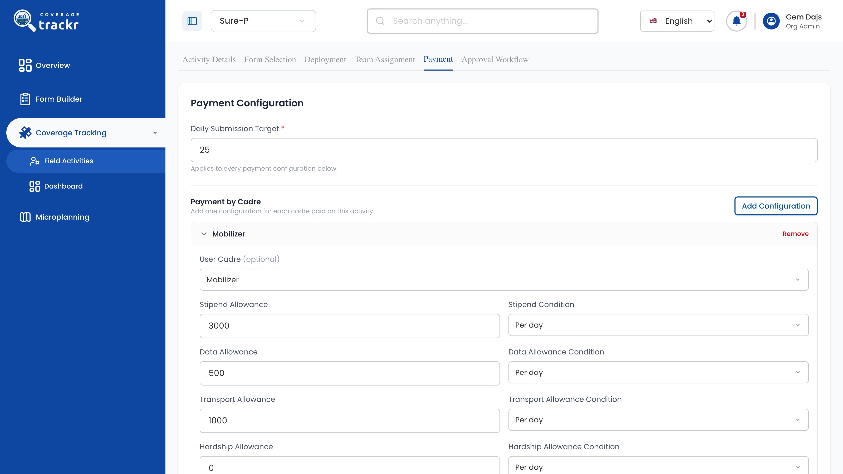 Payment Configuration with a target of 25 and Mobilizer allowances set per day