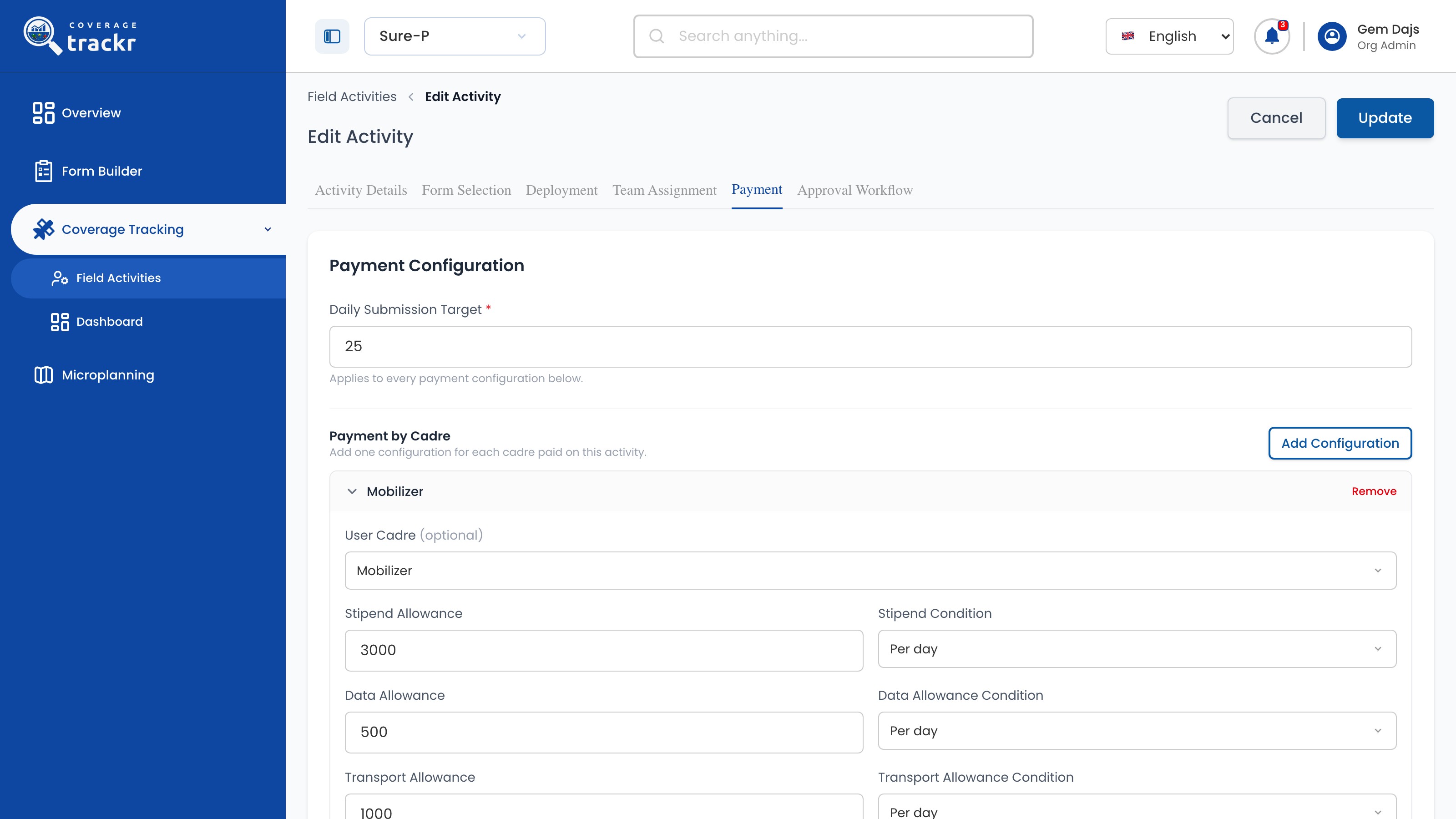 Reopened Payment tab showing the saved target and Mobilizer configuration