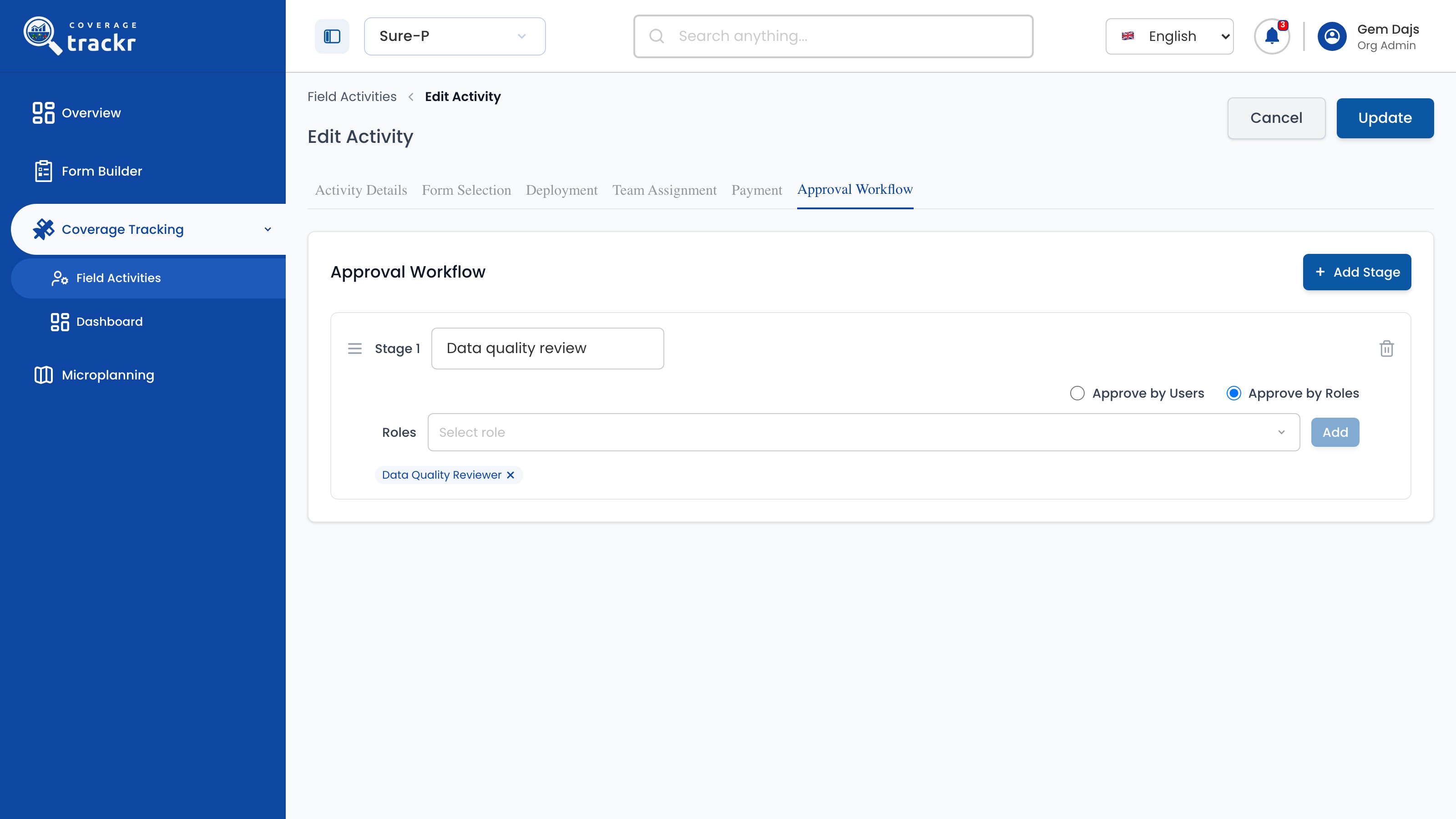 Stage 1 named Data quality review with the Data Quality Reviewer role added