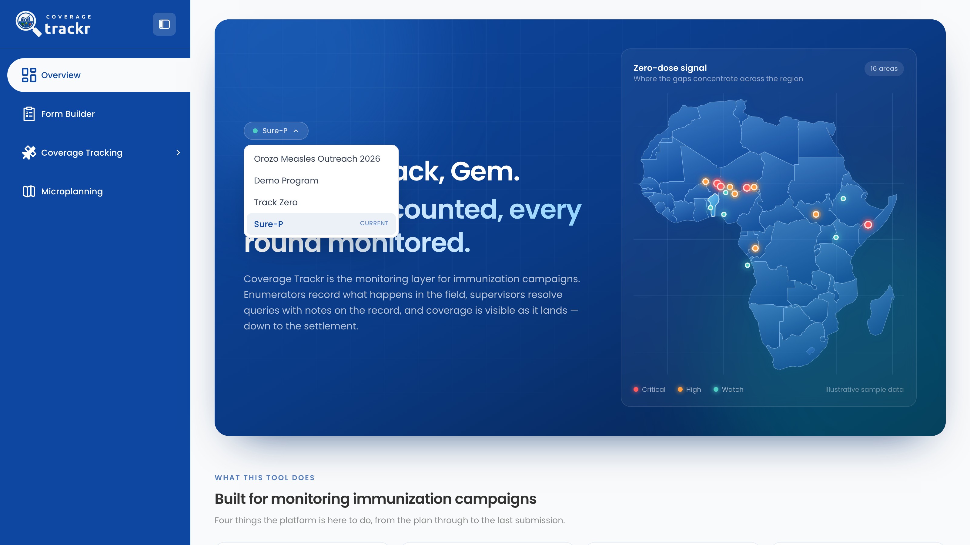 Open programme selector showing the available CoverageTrackr programmes