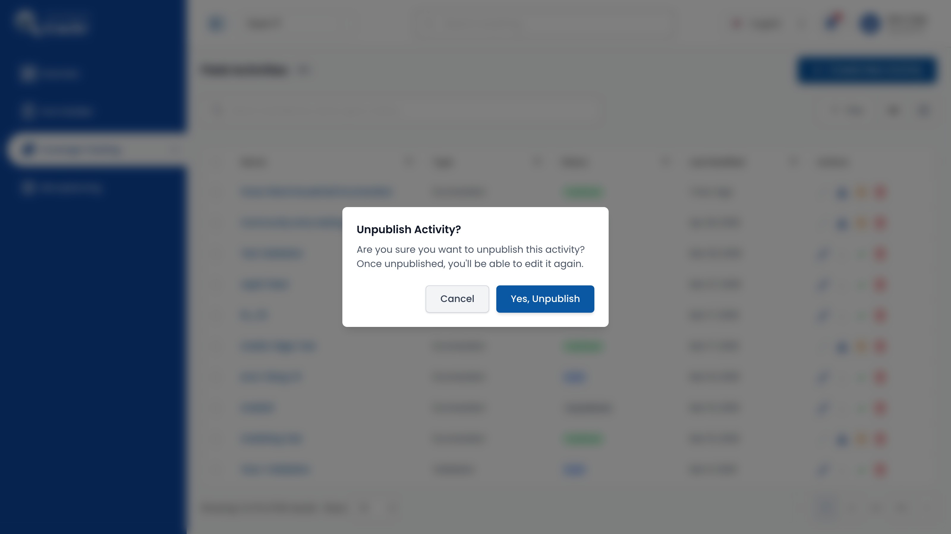 Unpublish Activity confirmation dialog