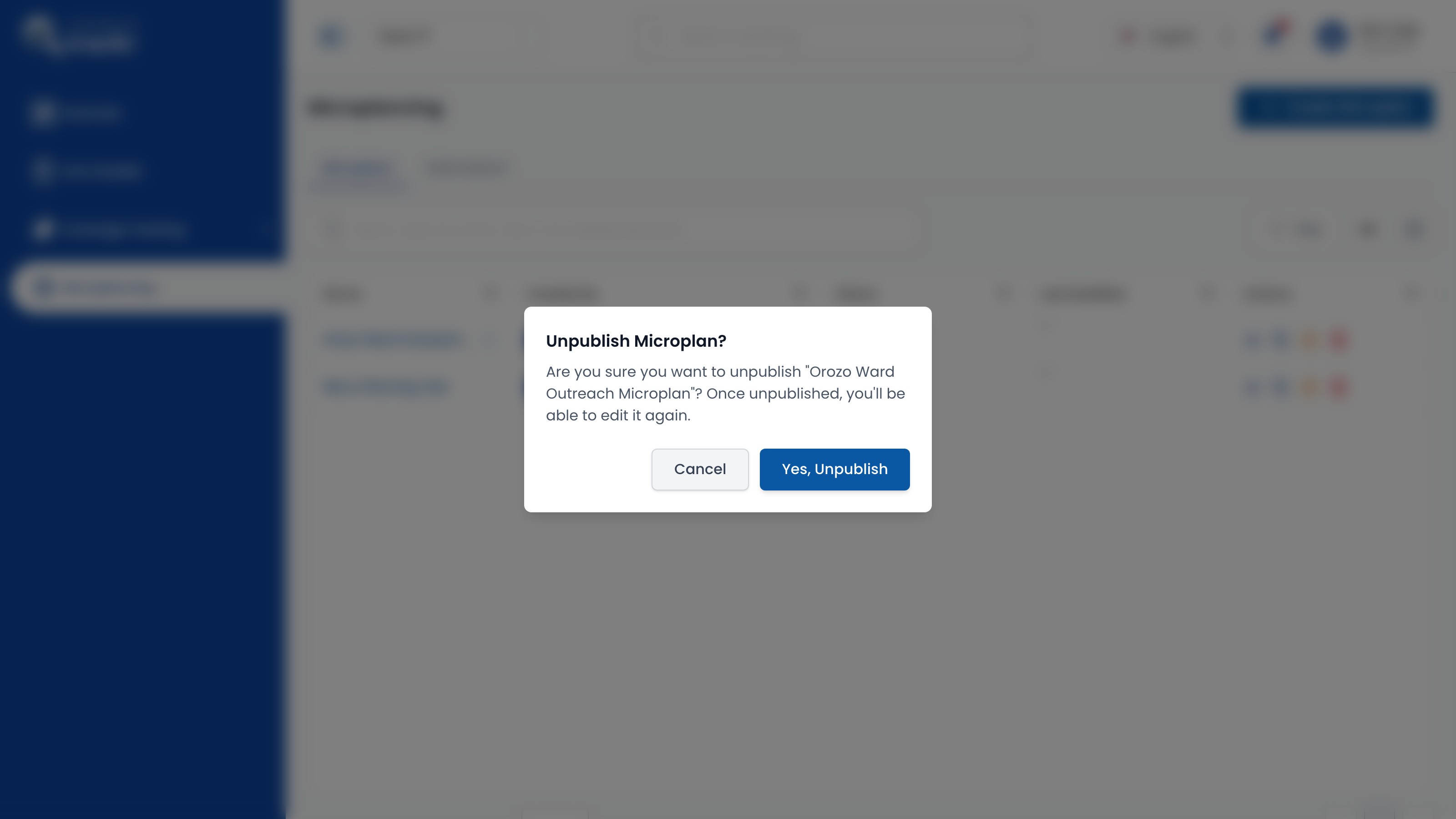 Unpublish Microplan confirmation dialog