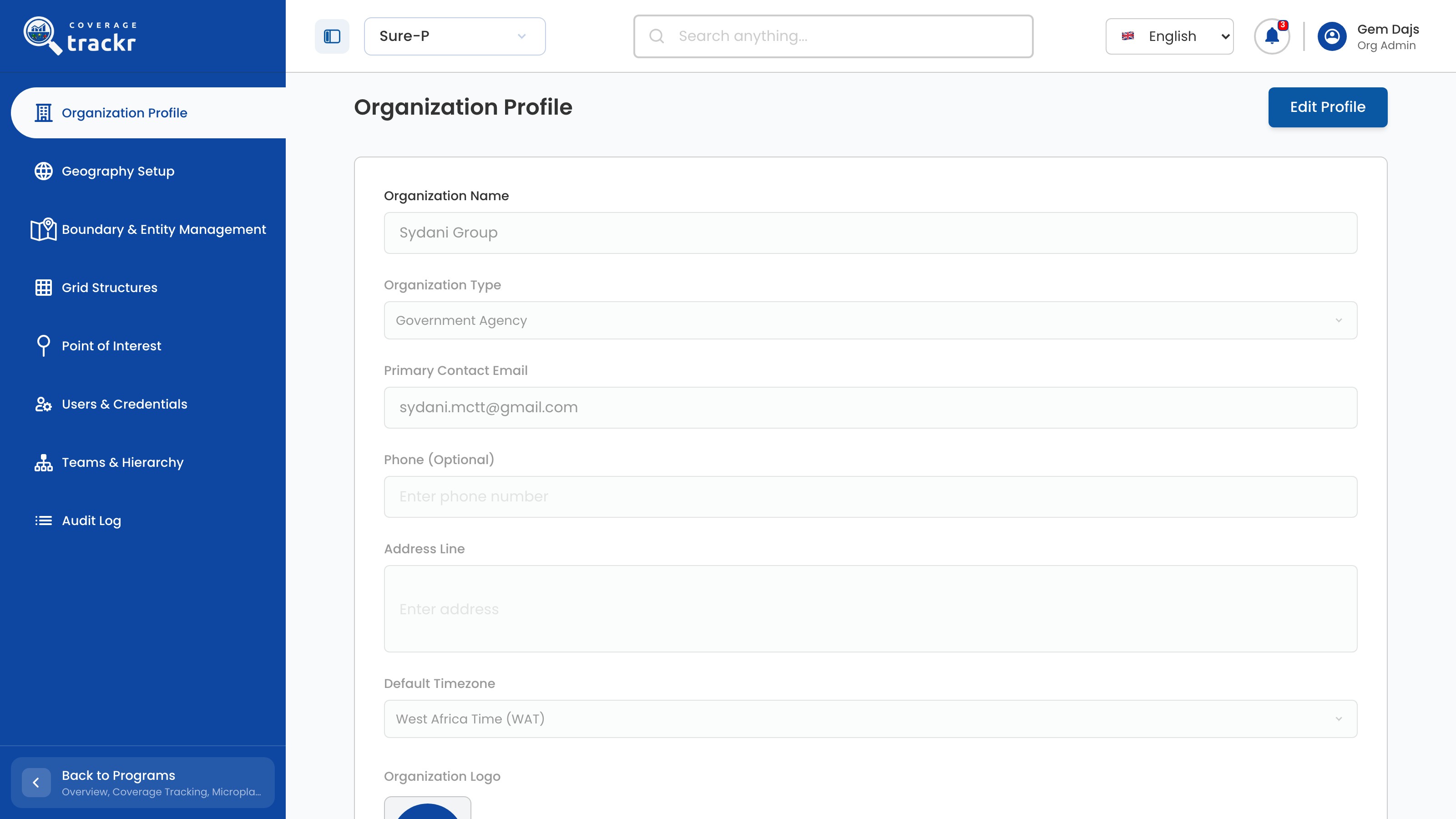 Read-only Organization Profile page with the Edit Profile button