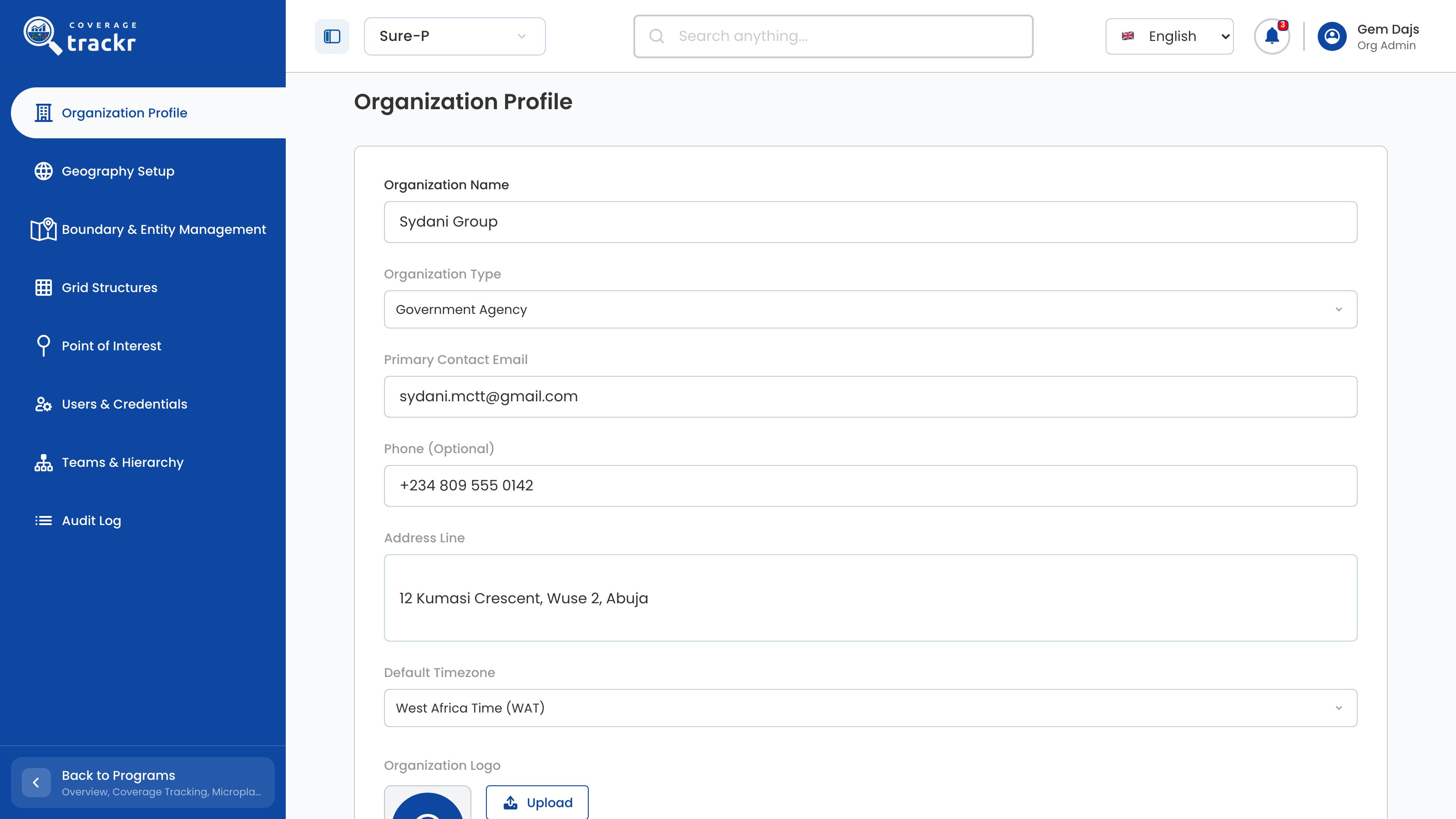 Organization Profile in edit mode with a phone number and address entered