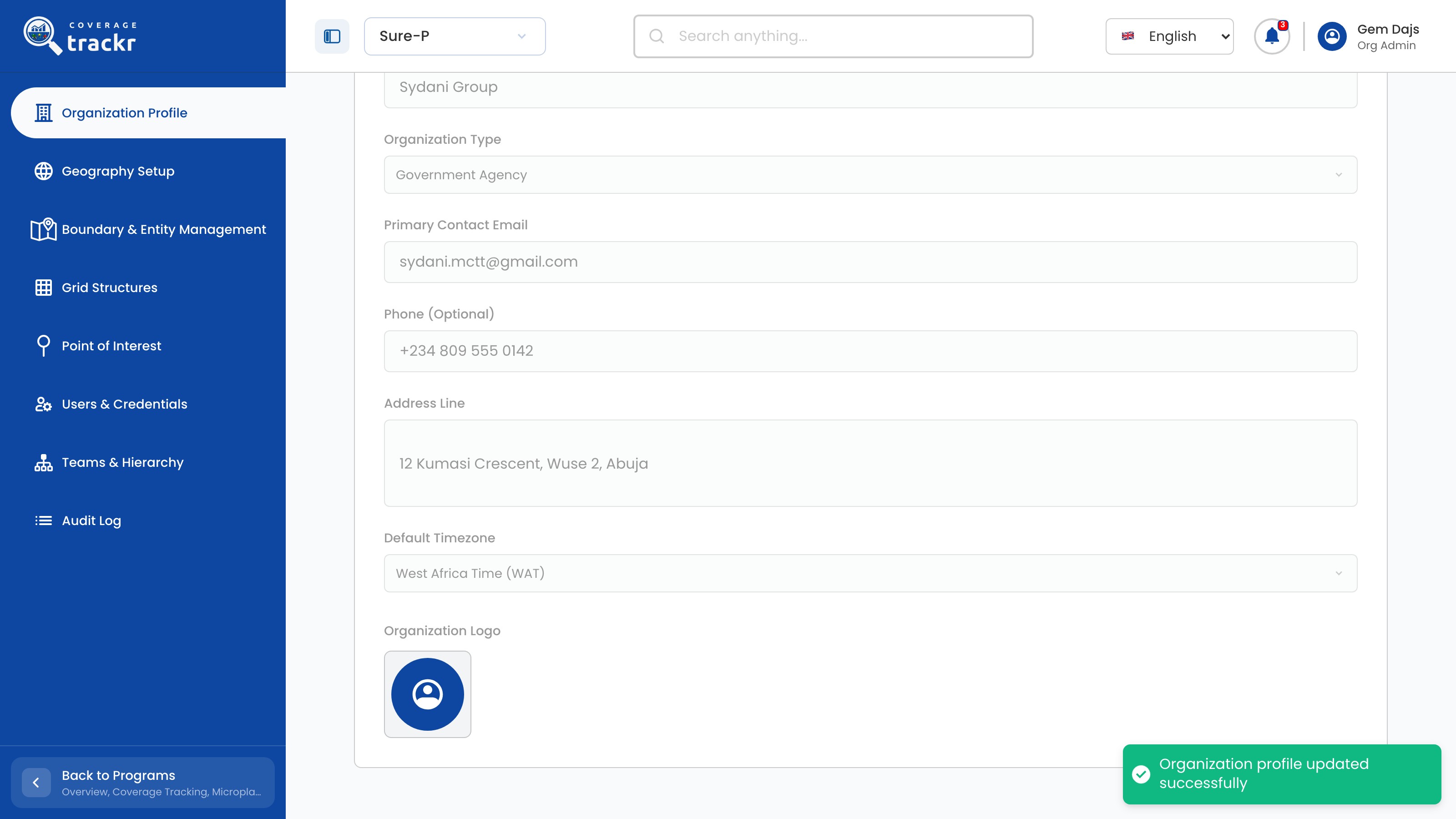 Organization Profile showing the saved phone number and address with a success message